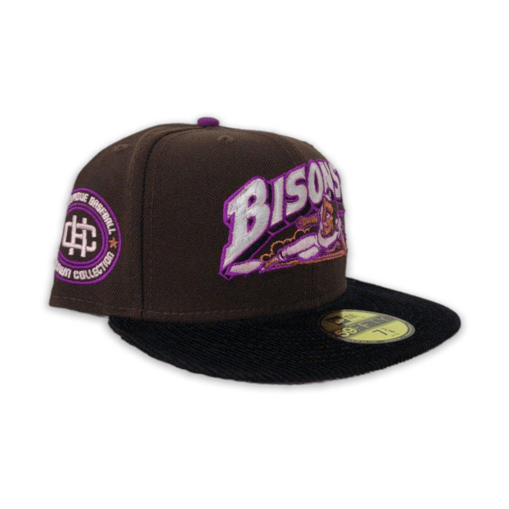 Brown Buffalo Bisons Black Corduroy Visor Grape Purple Bottom Minor League Hometown Side Patch New Era 59Fifty Fitted