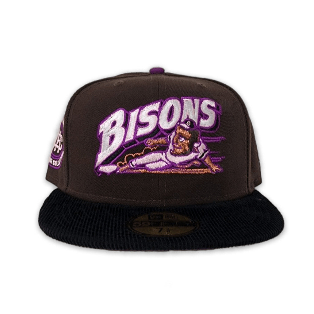 Brown Buffalo Bisons Black Corduroy Visor Grape Purple Bottom Minor League Hometown Side Patch New Era 59Fifty Fitted