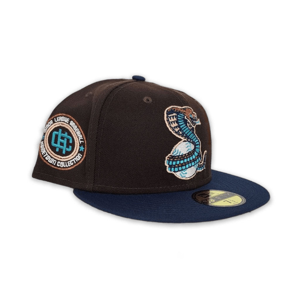 Brown Kissimmee Cobras Navy Blue Visor Peach Bottom Hometown Collection Side Patch New Era 59Fifty Fitted