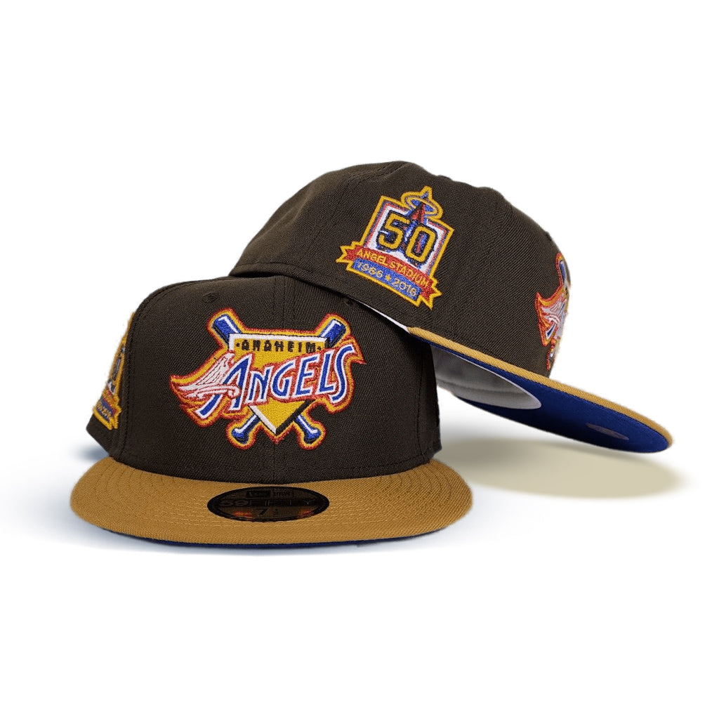 Brown Los Angeles Angels Tan Visor Blue Bottom 50th Anniversary Side Patch New Era 59FIFTY Fitted 71/2