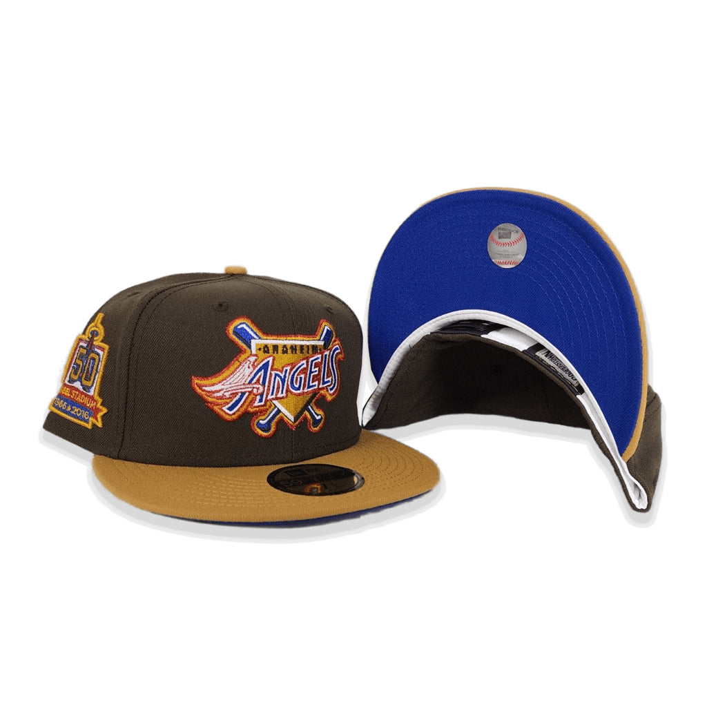 Brown Los Angeles Angels Tan Visor Blue Bottom 50th Anniversary Side Patch New Era 59FIFTY Fitted 71/2