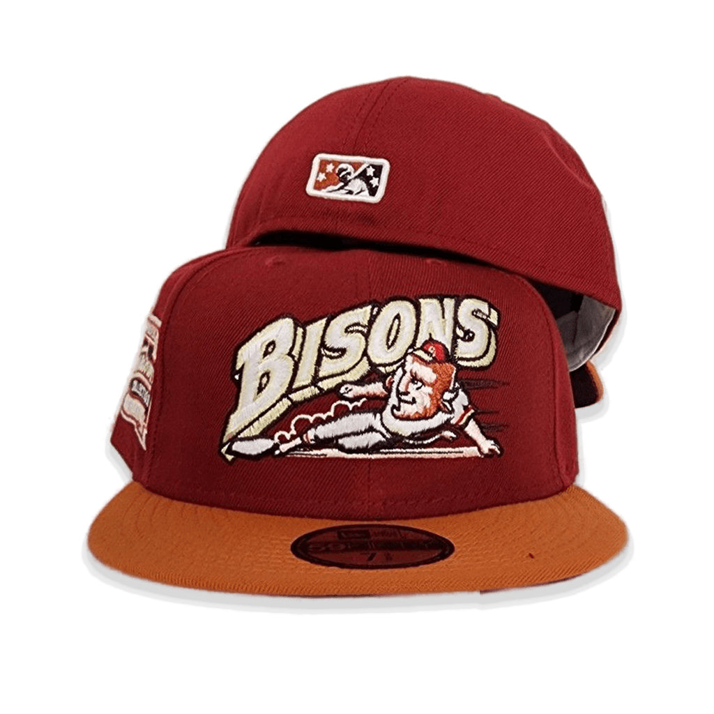 Burgundy Buffalo Bison Rust Orange Visor Maroon Bottom Minor League Hometown Side Patch New Era 59Fifty Fitted