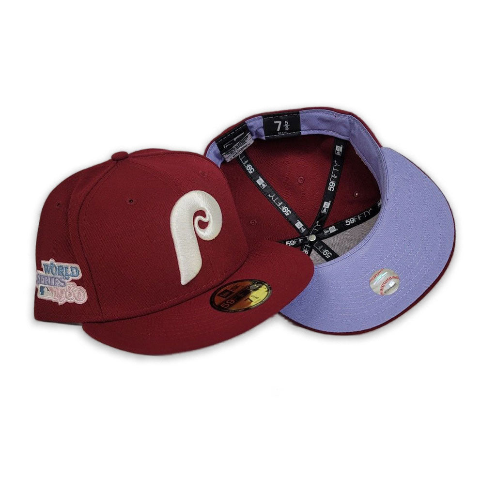 Burgundy Philadelphia Phillies Lavender Bottom 1980 World Series Side Patch New Era 59FIFTY Pop Sweat Fitted 71/4
