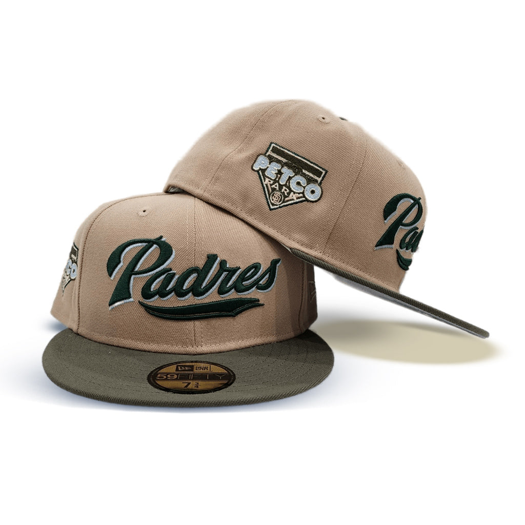 Camel Script San Diego Padres Olive Green Visor Gray Bottom Petco Park Side Patch New Era 59FIFTY Fitted 7