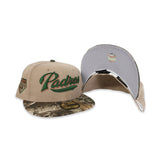 Camel Script San Diego Padres Real Tree Camo Visor Gray Bottom Petco Park Side patch New Era 59Fifty Fitted