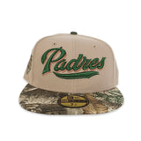 Camel Script San Diego Padres Real Tree Camo Visor Gray Bottom Petco Park Side patch New Era 59Fifty Fitted