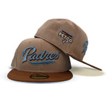 Camel Script San Diego Padres Toast Visor Icy Blue Bottom Petco Park Side patch New Era 59Fifty Fitted