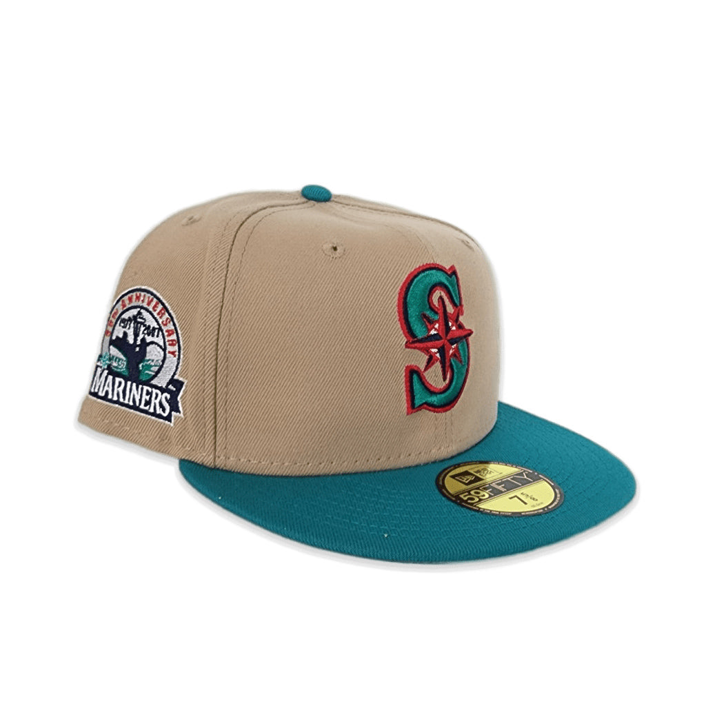 Camel Seattle Mariners Aqua Visor Gray Bottom 30th Anniversary Side Patch New Era 59FIFTY Fitted 6 7/8