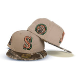 Camel Seattle Mariners Real Tree Camo Visor Gray Bottom 35th Anniversary Side Patch New Era 59Fifty Fitted