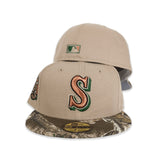 Camel Seattle Mariners Real Tree Camo Visor Gray Bottom 35th Anniversary Side Patch New Era 59Fifty Fitted