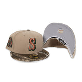 Camel Seattle Mariners Real Tree Camo Visor Gray Bottom 35th Anniversary Side Patch New Era 59Fifty Fitted