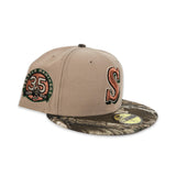 Camel Seattle Mariners Real Tree Camo Visor Gray Bottom 35th Anniversary Side Patch New Era 59Fifty Fitted