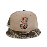 Camel Seattle Mariners Real Tree Camo Visor Gray Bottom 35th Anniversary Side Patch New Era 59Fifty Fitted