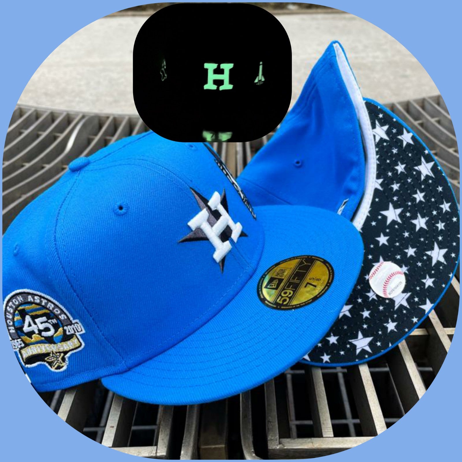 Glow In the Dark Cerulean Blue Houston Astros Star Bottom 45th Anniversary Side Patch New Era 59Fifty Fitted