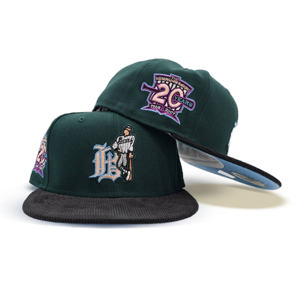 Dark Green Birmingham Barons Black Corduroy Visor Icy Blue Bottom 20 Years Side Patch New Era 59FIFTY Fitted 7 1/4