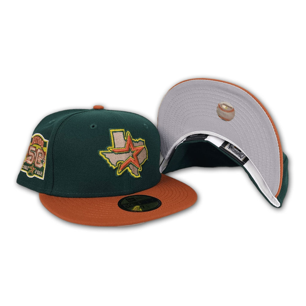 Dark Green Houston Astros Rust Visor Gray Bottom 50th Anniversary Side Patch New Era 59FIFTY Fitted 8