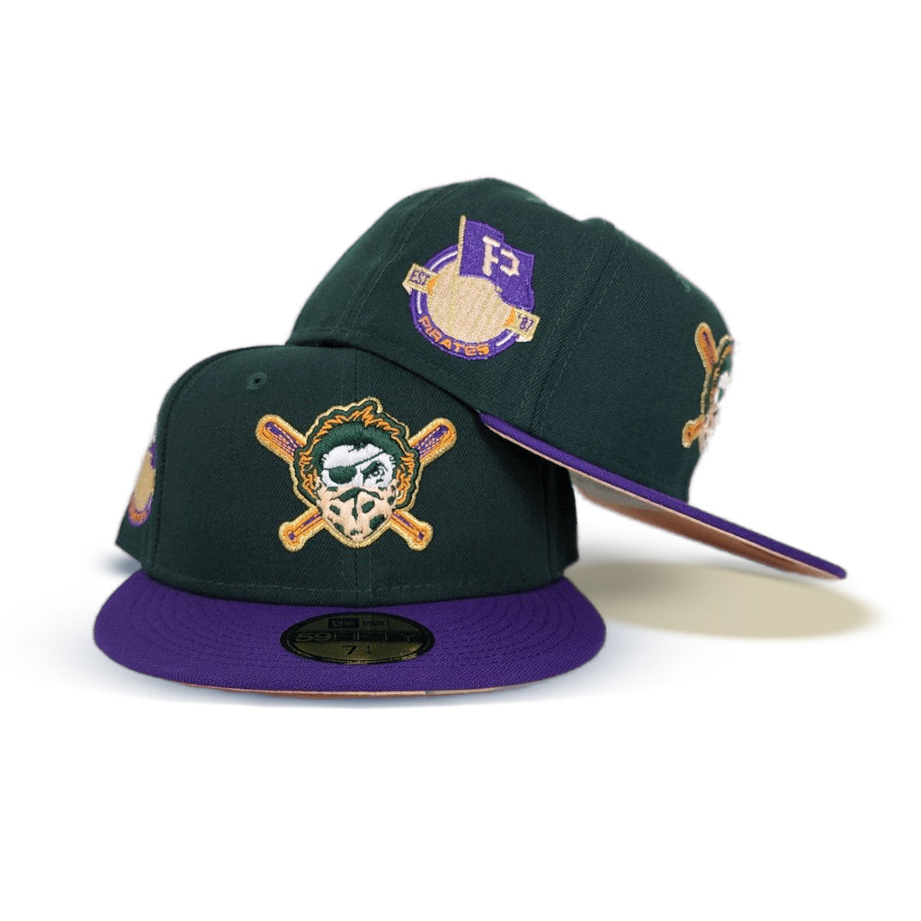 Dark Green Pittsburgh Pirates Purple Visor Peach Bottom Pirates Flag Side Patch New Era 59Fifty Fitted