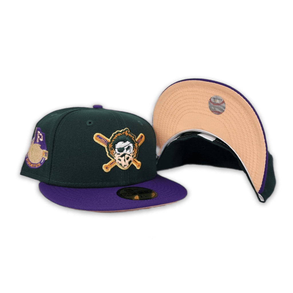 Dark Green Pittsburgh Pirates Purple Visor Peach Bottom Pirates Flag Side Patch New Era 59Fifty Fitted