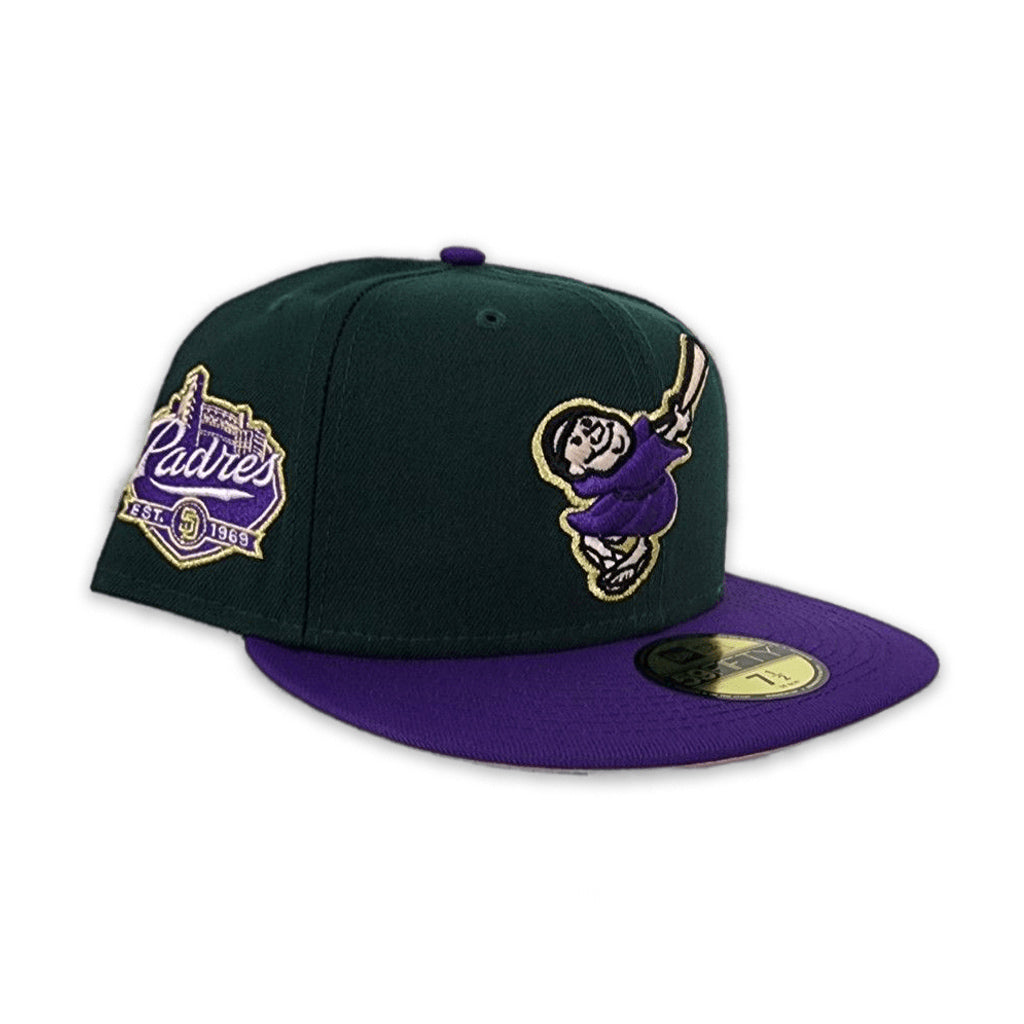 Dark Green San Diego Padres Purple Visor Peach Bottom Padres EST. 1968 Side Patch New Era 59Fifty Fitted