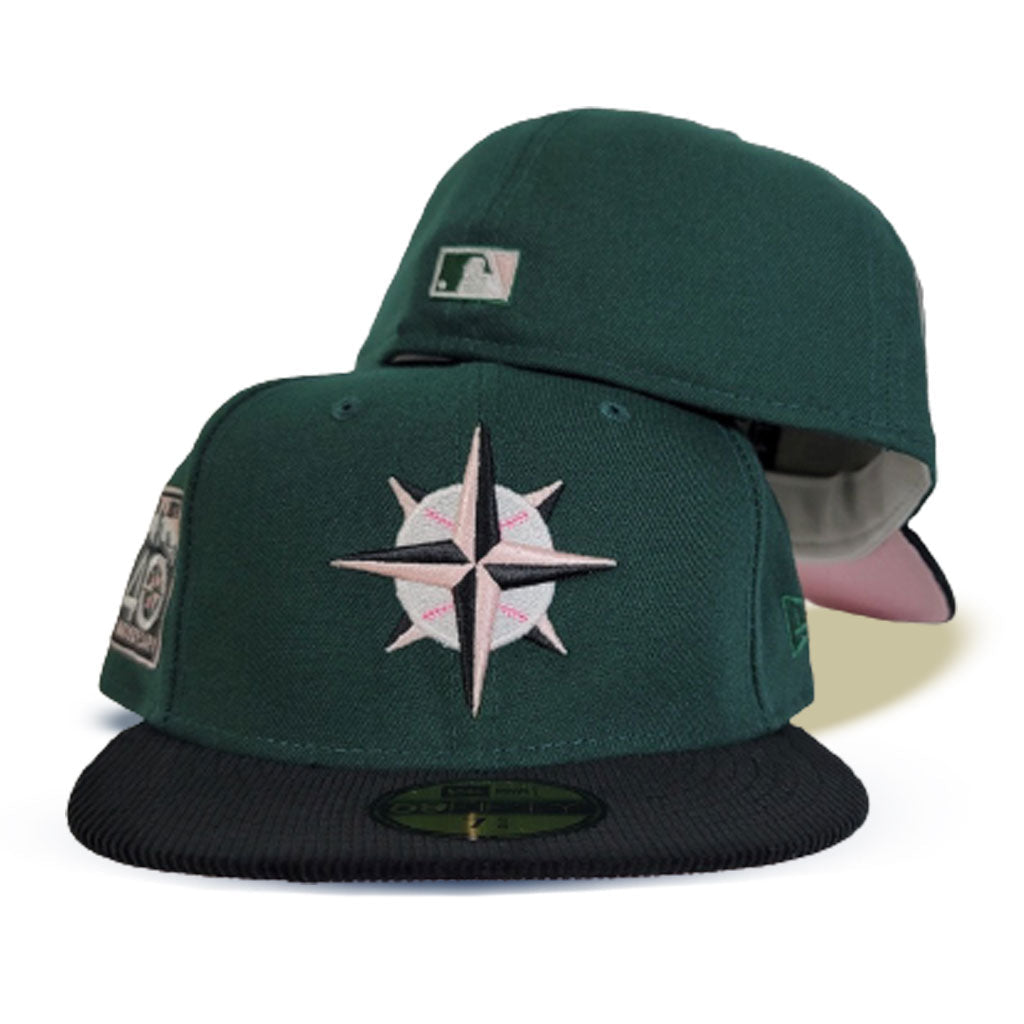 Dark Green Seattle Mariners Black Corduroy Visor Pink Bottom 40th Anniversary Side Patch New Era 59FIFTY Fitted 75/8