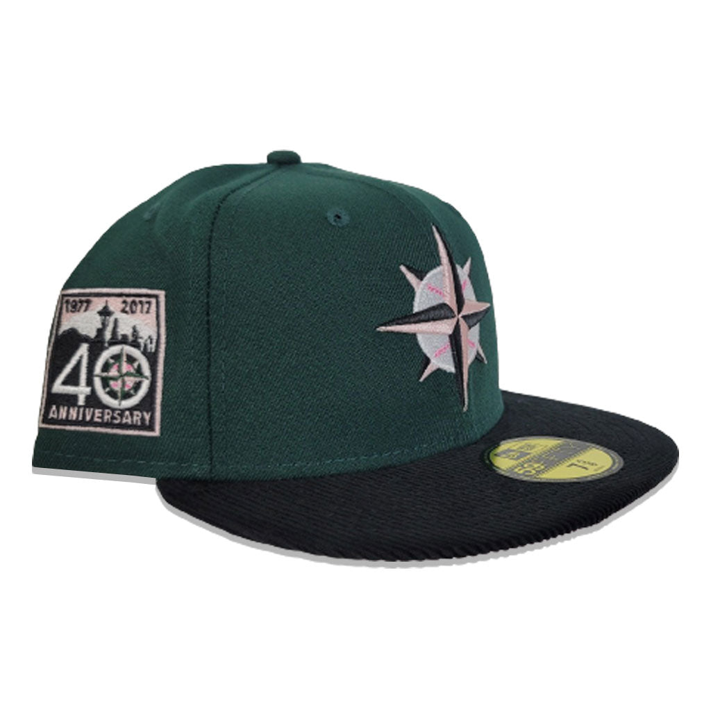 Dark Green Seattle Mariners Black Corduroy Visor Pink Bottom 40th Anniversary Side Patch New Era 59FIFTY Fitted 75/8