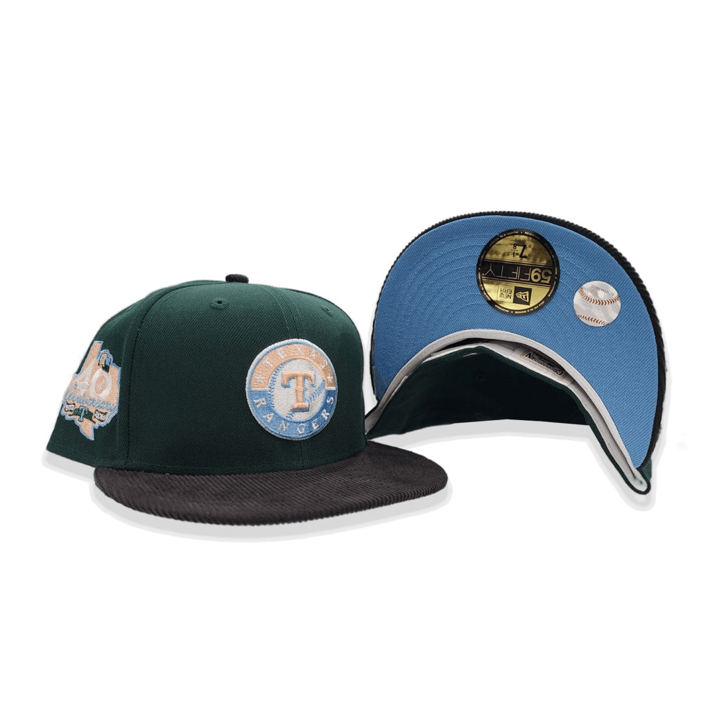 Dark Green Texas Rangers Black Corduroy Visor Icy Blue Bottom 40th Anniversary Side Patch New Era 59Fifty Fitted
