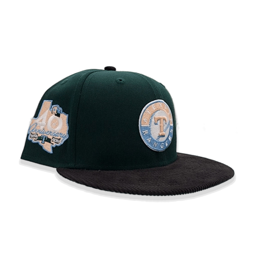 Dark Green Texas Rangers Black Corduroy Visor Icy Blue Bottom 40th Anniversary Side Patch New Era 59Fifty Fitted