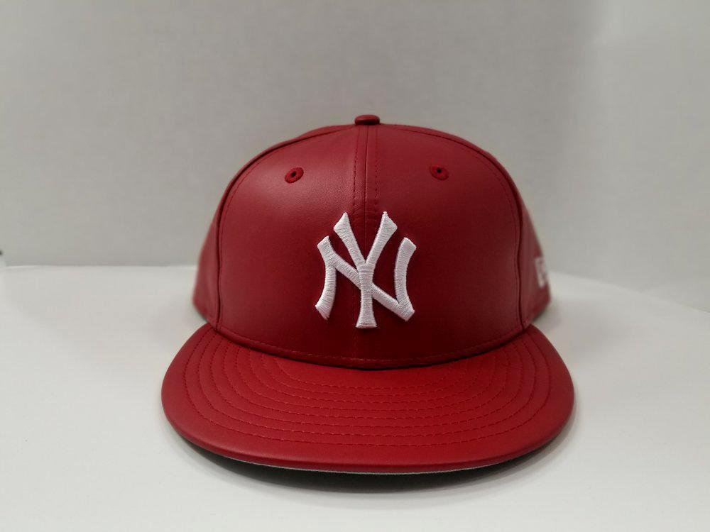Exclusive New Era 59Fifty Red PU Leather Yankee Fitted Hat Cap