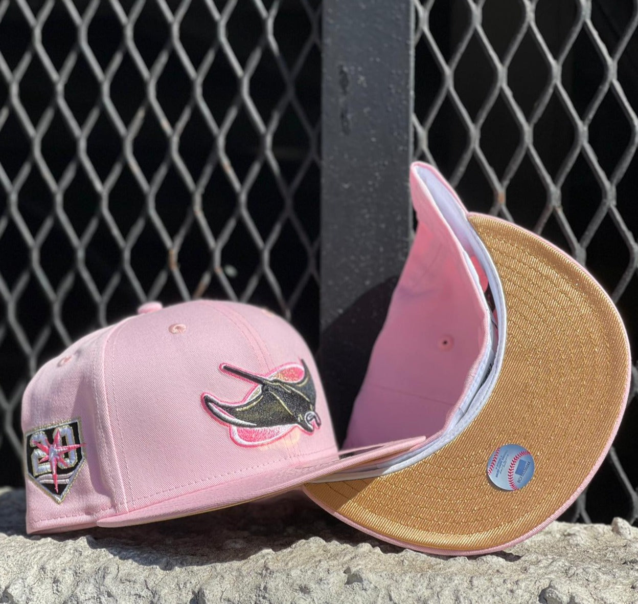 Product Pink Tampa Bay Rays Gold Bottom 20th Anniversary Side Patch New Era 59Fifty Fitted