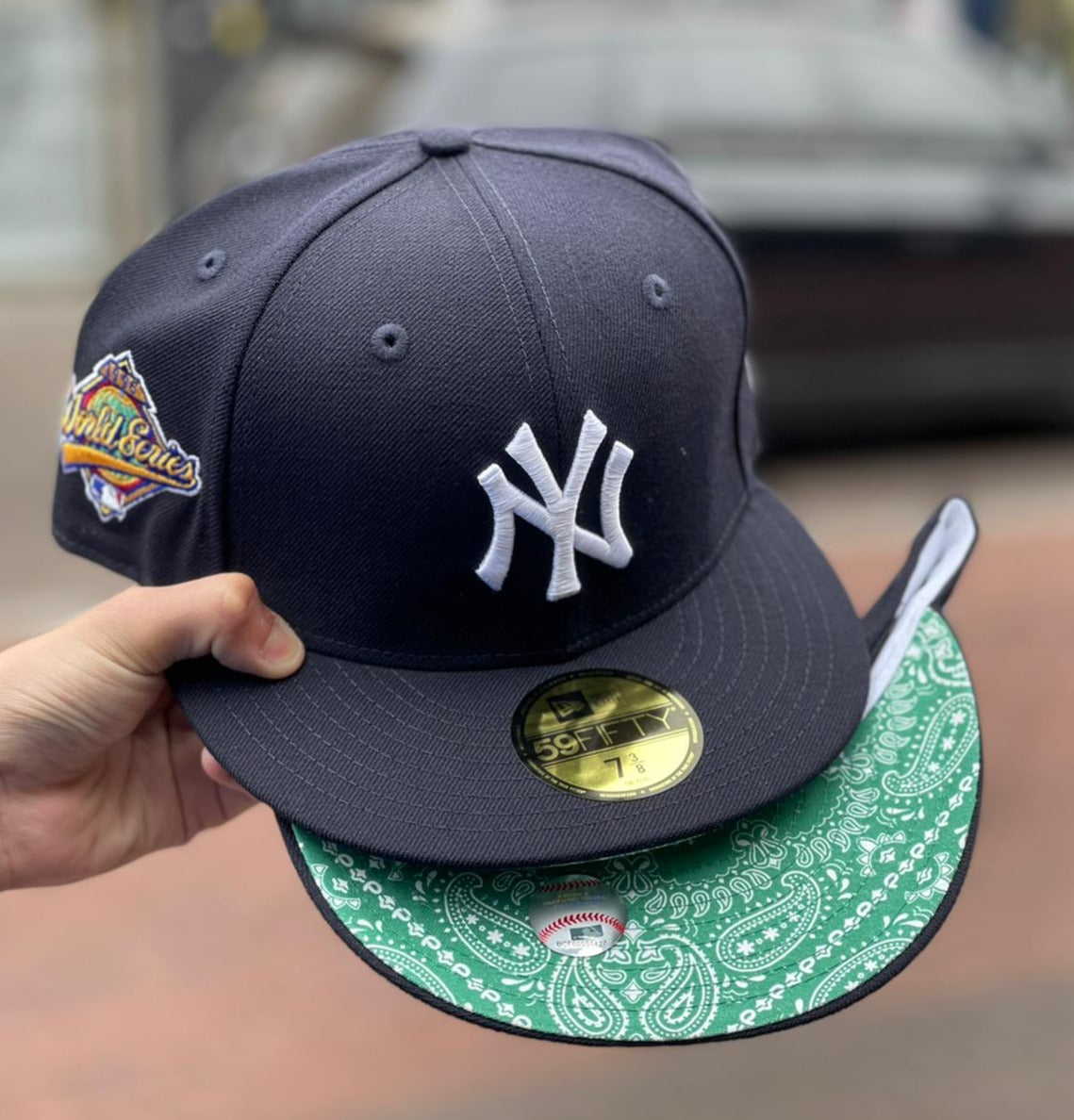 Product - Navy Blue New York Yankees Green Paisley Bottom 1996 World Series Side Patch New Era 59Fifty Fitted