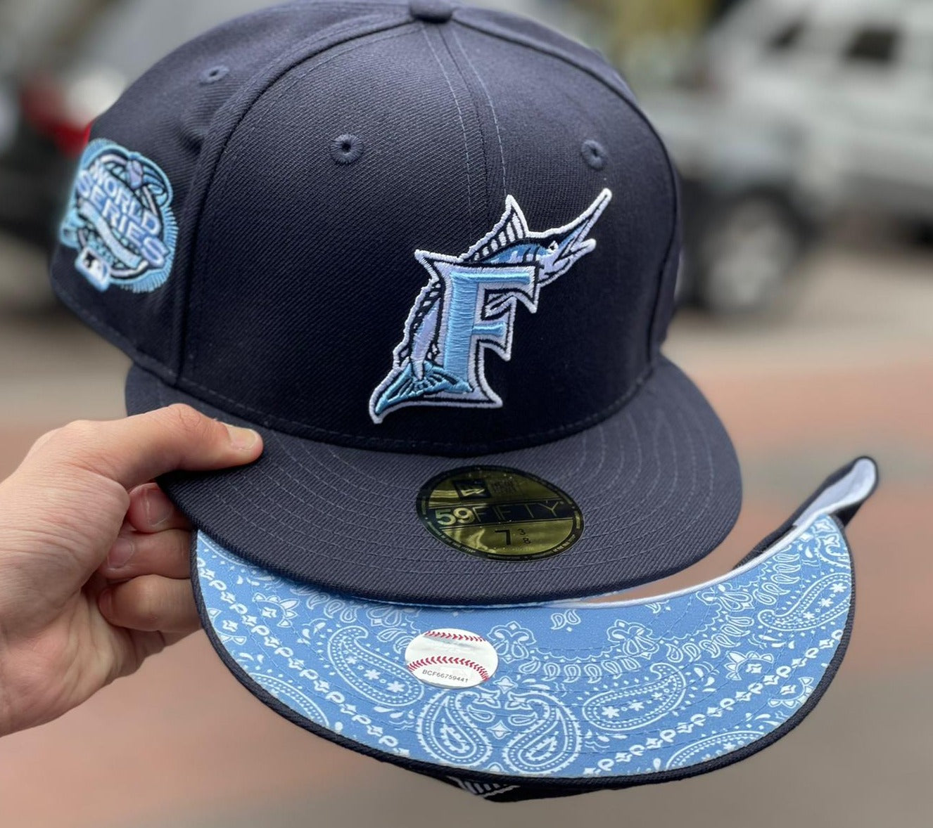 Product - Navy Blue Florida Marlins Sky Paisley Bottom 2003 World Series Side Patch New Era 59Fifty Fitted