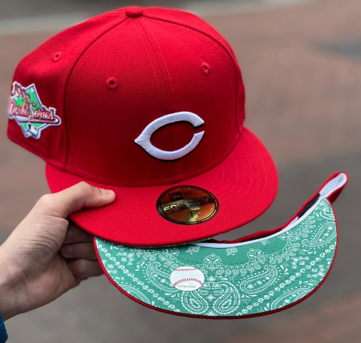 Product - Red Cincinnati Reds Green Paisley Bottom 1990 World Series Side Patch New Era 59Fifty Fitted