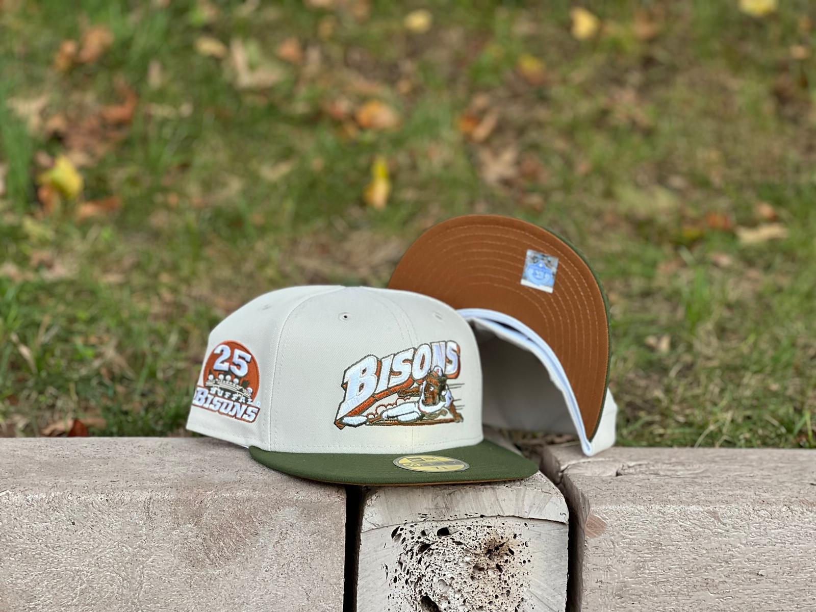 Stone Buffalo Bisons Olive Green Visor Toast Bottom 25th Years Side Patch New Era 59Fifty Fitted