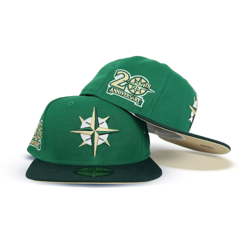 Kelly Green Seattle Mariners Forest Green Visor Vegas Gold Bottom 20th Anniversary Side Patch New Era 59FIFTY Fitted 71/4