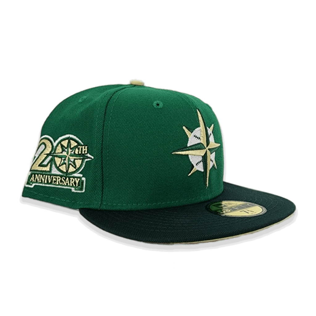 Kelly Green Seattle Mariners Forest Green Visor Vegas Gold Bottom 20th Anniversary Side Patch New Era 59FIFTY Fitted 71/4