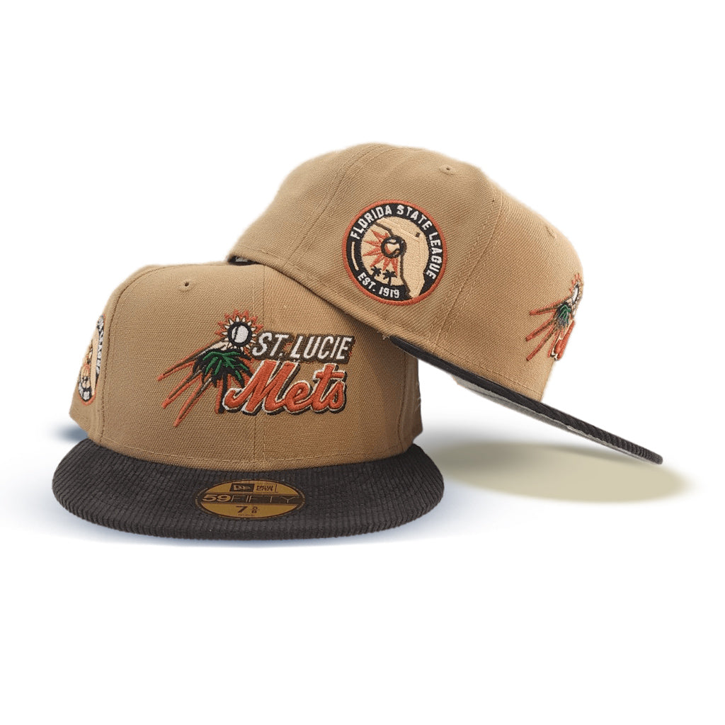 Khaki St. Lucie Mets Black Corduroy Visor Gray Bottom Florida State League Side Patch New Era 59FIFTY Fitted 71/2