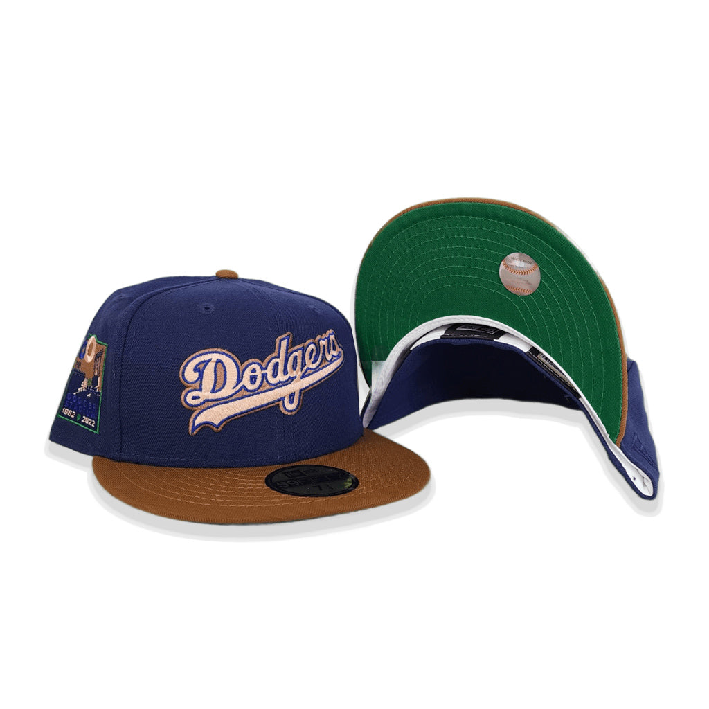 Light Navy Script Los Angeles Dodgers Toast Visor Green Bottom 60th Anniversary Side Patch New Era 59FIFTY Fitted 67/8