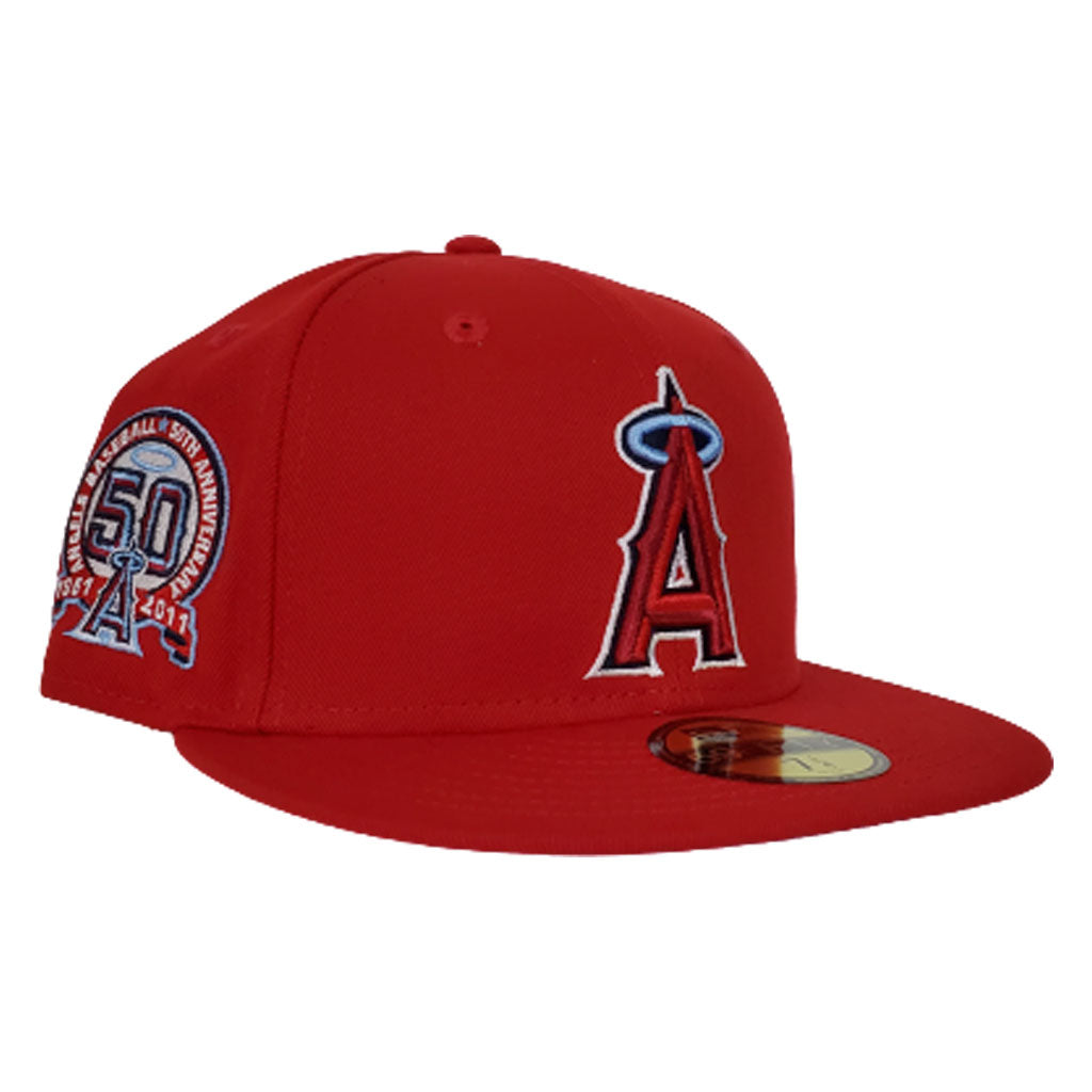 Red Los Angeles Angels Icy Blue Bottom 50th Angel Stadium Side Patch New Era 59FIFTY Fitted 77/8