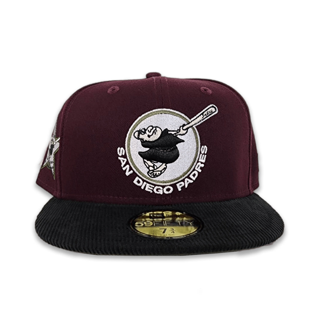 Maroon San Diego Padres Black Corduroy Visor Olive Green Bottom 1978 All Star Game Side Patch New Era 59Fifty Fitted