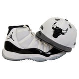 Matching New Era Chicago Bulls Dual Pin Fitted for Jordan 11 White Black Concord