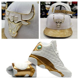 Matching New Era Chicago Bulls Gold Metal Strapback Hat Jordan 13 DMP White Gold