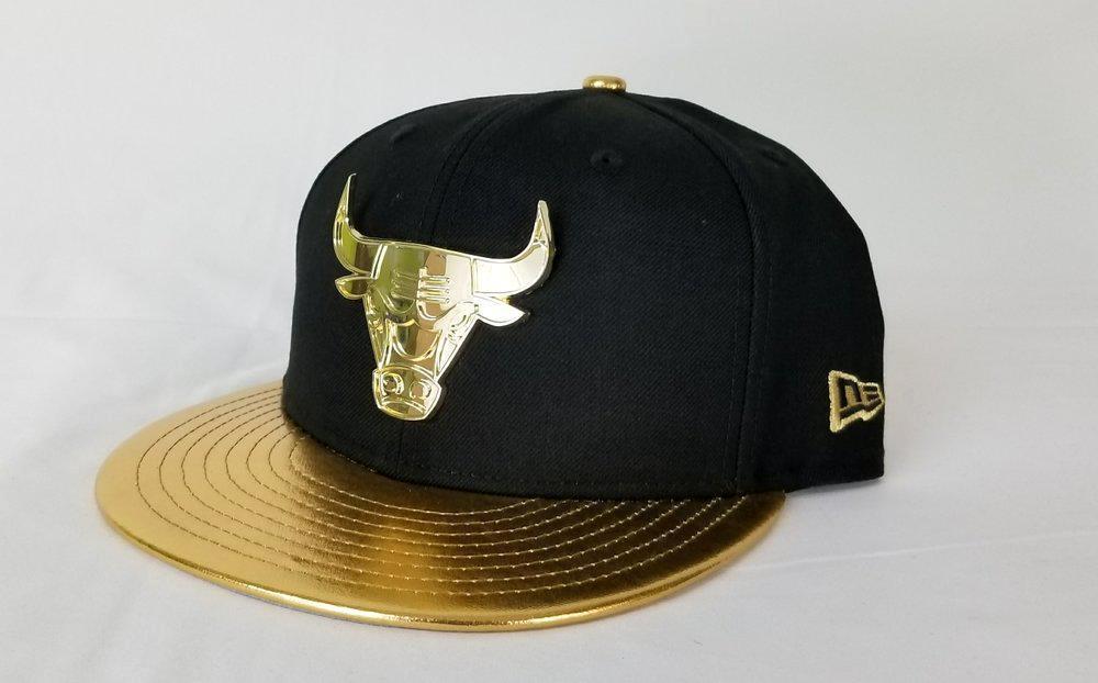 Matching New Era Chicago Bulls Metal Badge Logo Fitted Hat for Jordan 14 DMP Black Gold