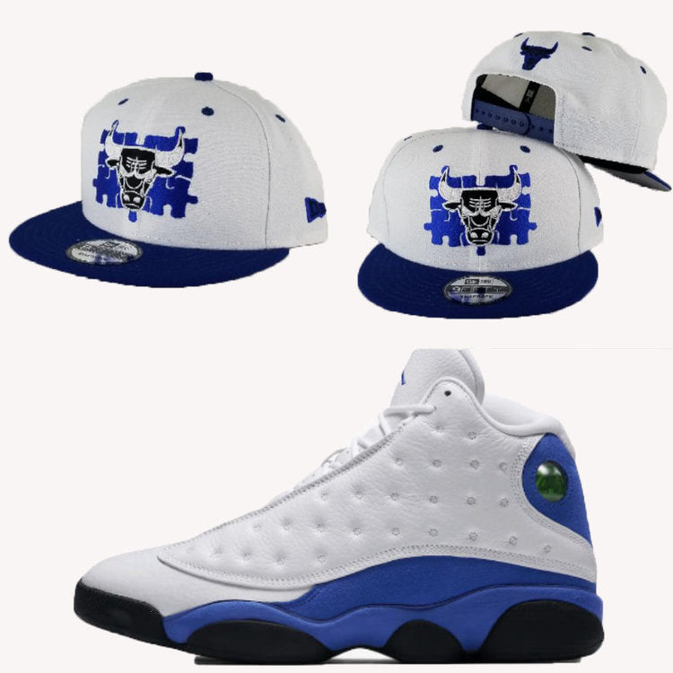 Matching New Era Chicago Bulls Puzzle Snapback Hat for Jordan 13 Hyper Blue