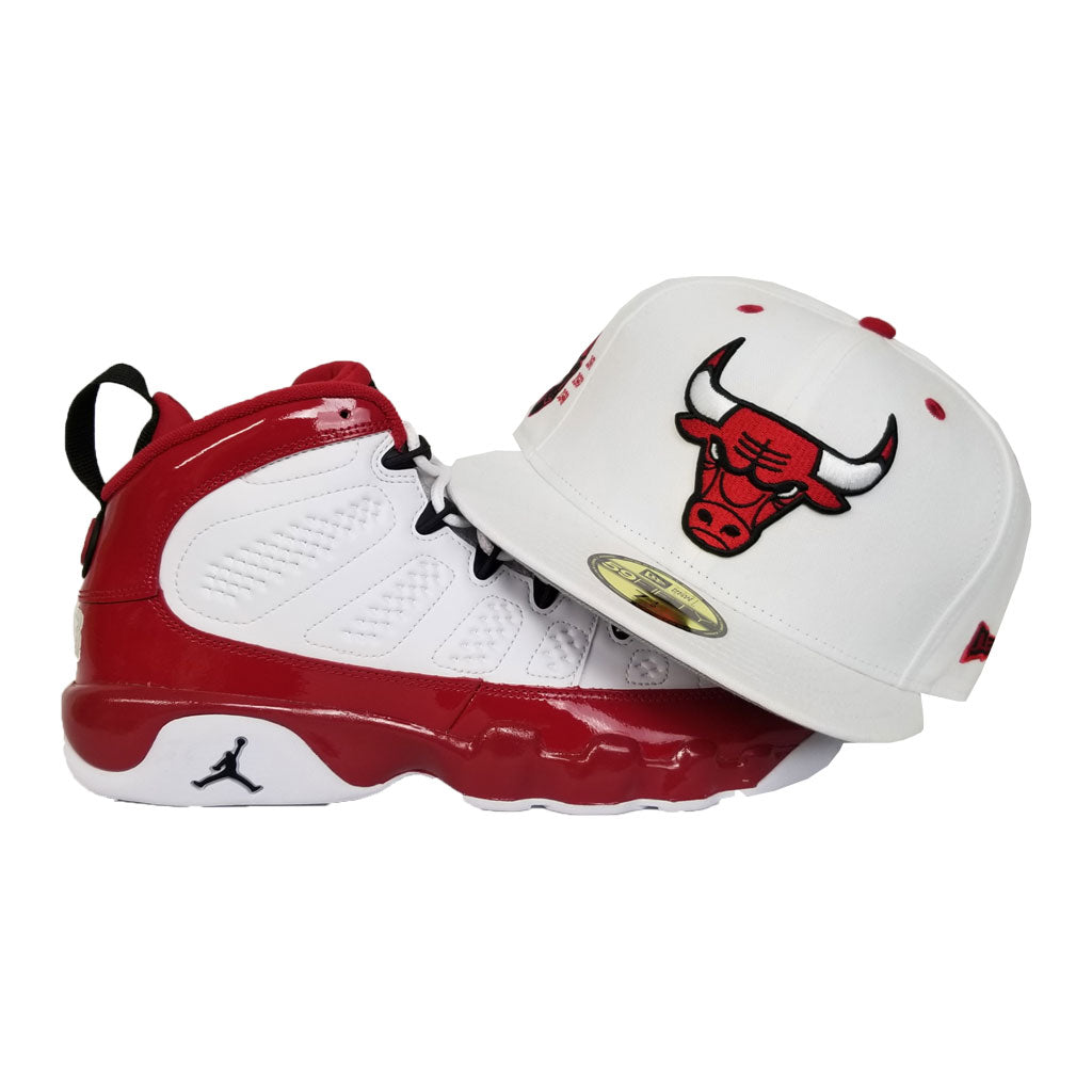 Matching New Era White Chicago Bulls Fitted Hat For Jordan 9 Gym Red