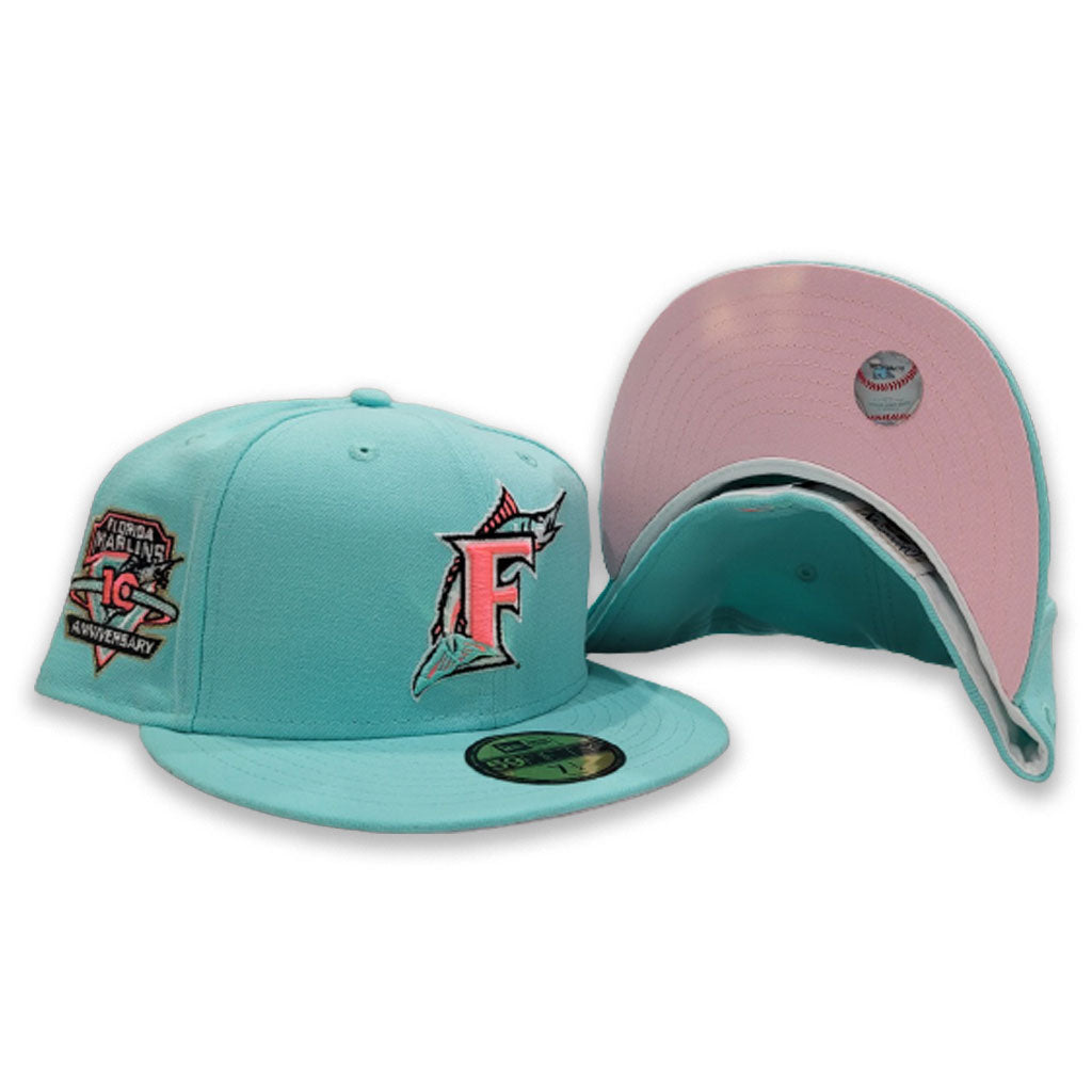 Florida Marlins New Era Chrome Rogue 59FIFTY Fitted Hat - Cream/Pink