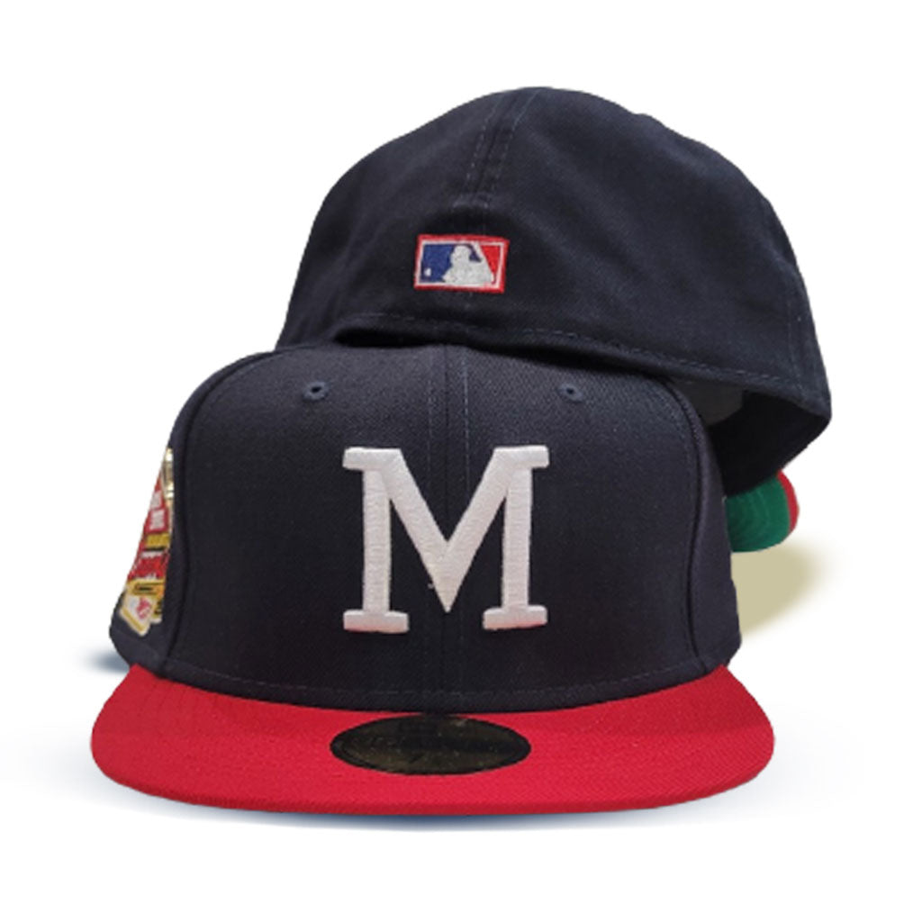 Navy Blue Milwaukee Braves Red Visor Green Bottom 1957 World Series Side Patch 59FIFTY Day New Era 59FIFTY Fitted 71/8