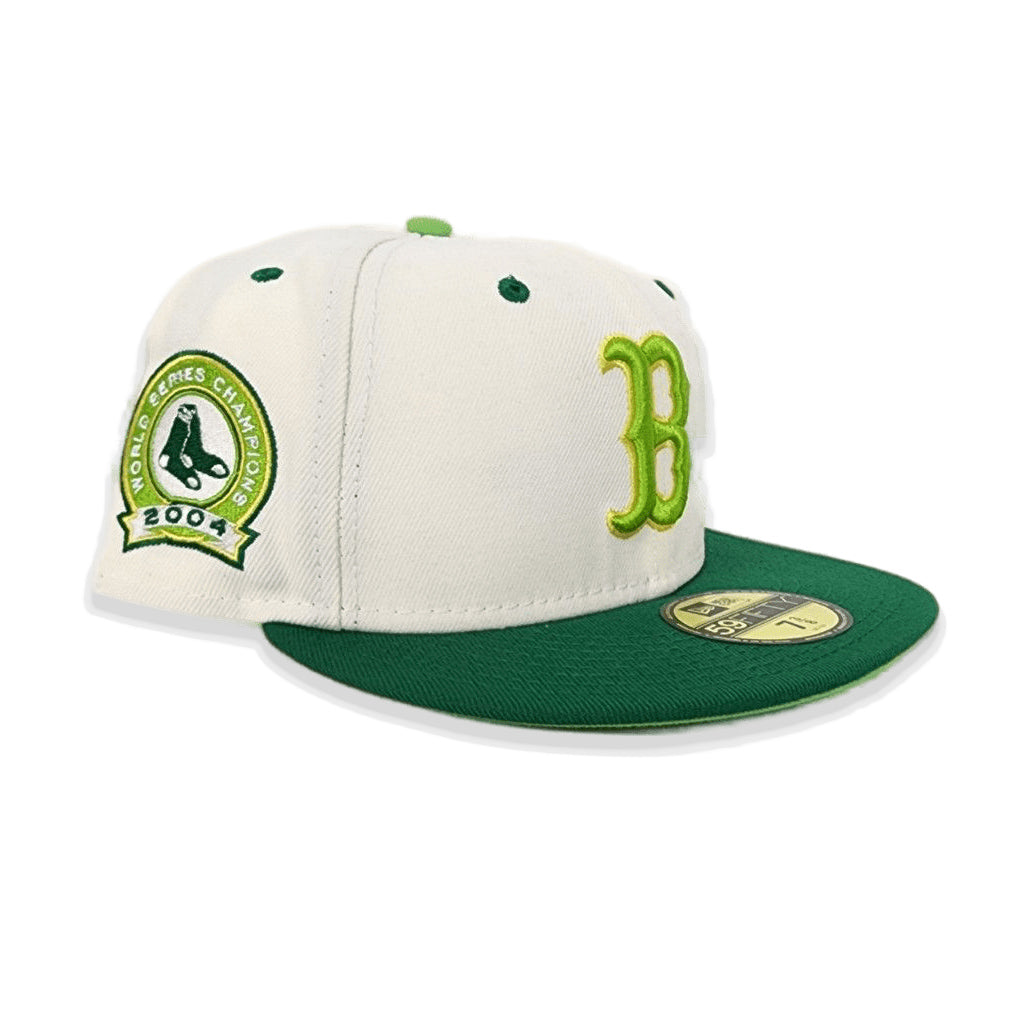 Off White Boston Red Sox Kelly Green Visor Lime Green Bottom 2004 World Series Champions Side Patch 59FIFTY Fitted 71/4