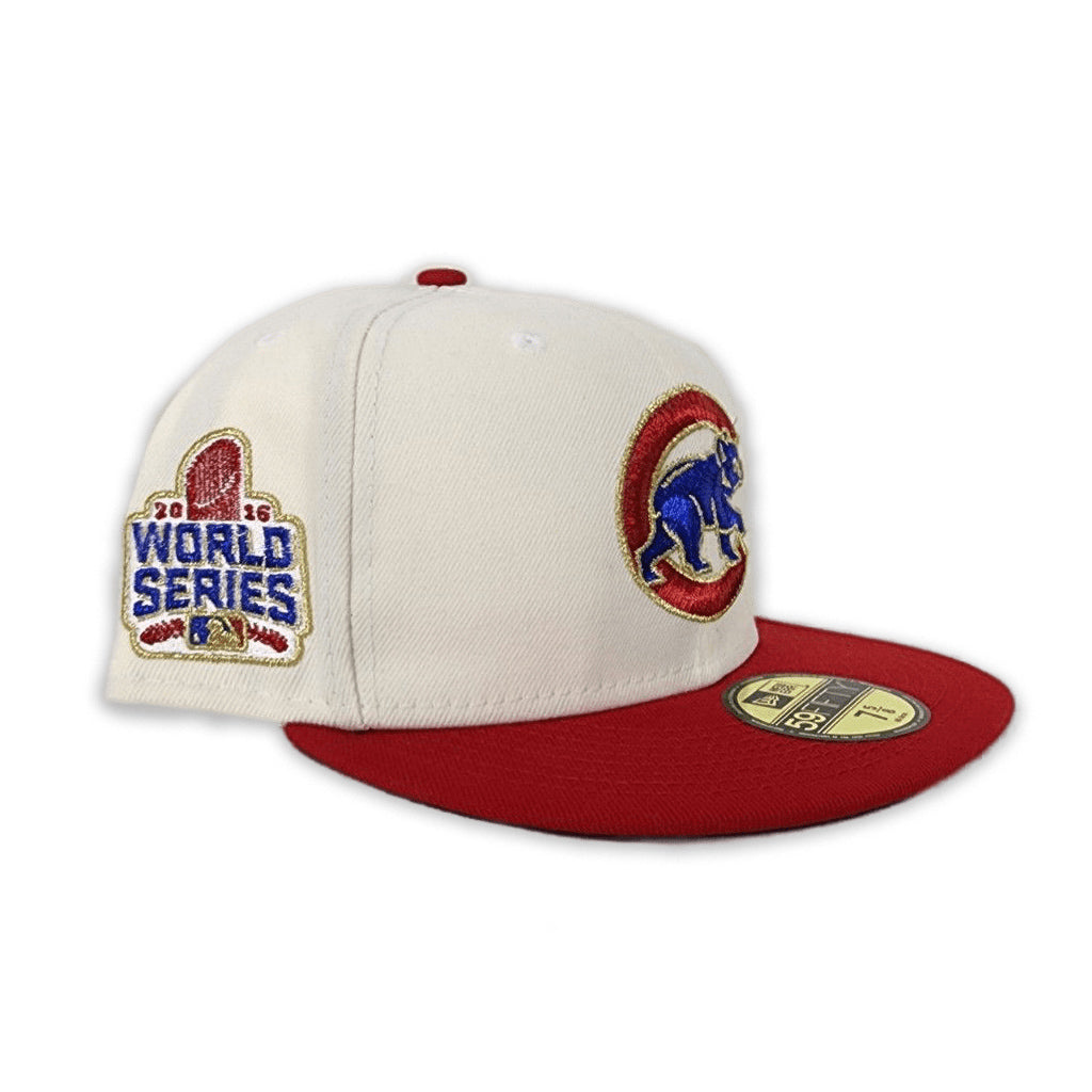 Off White Chicago Cubs Red Visor Royal Bottom 2016 World Series Side Patch New Era 59FIFTY Fitted 77/8