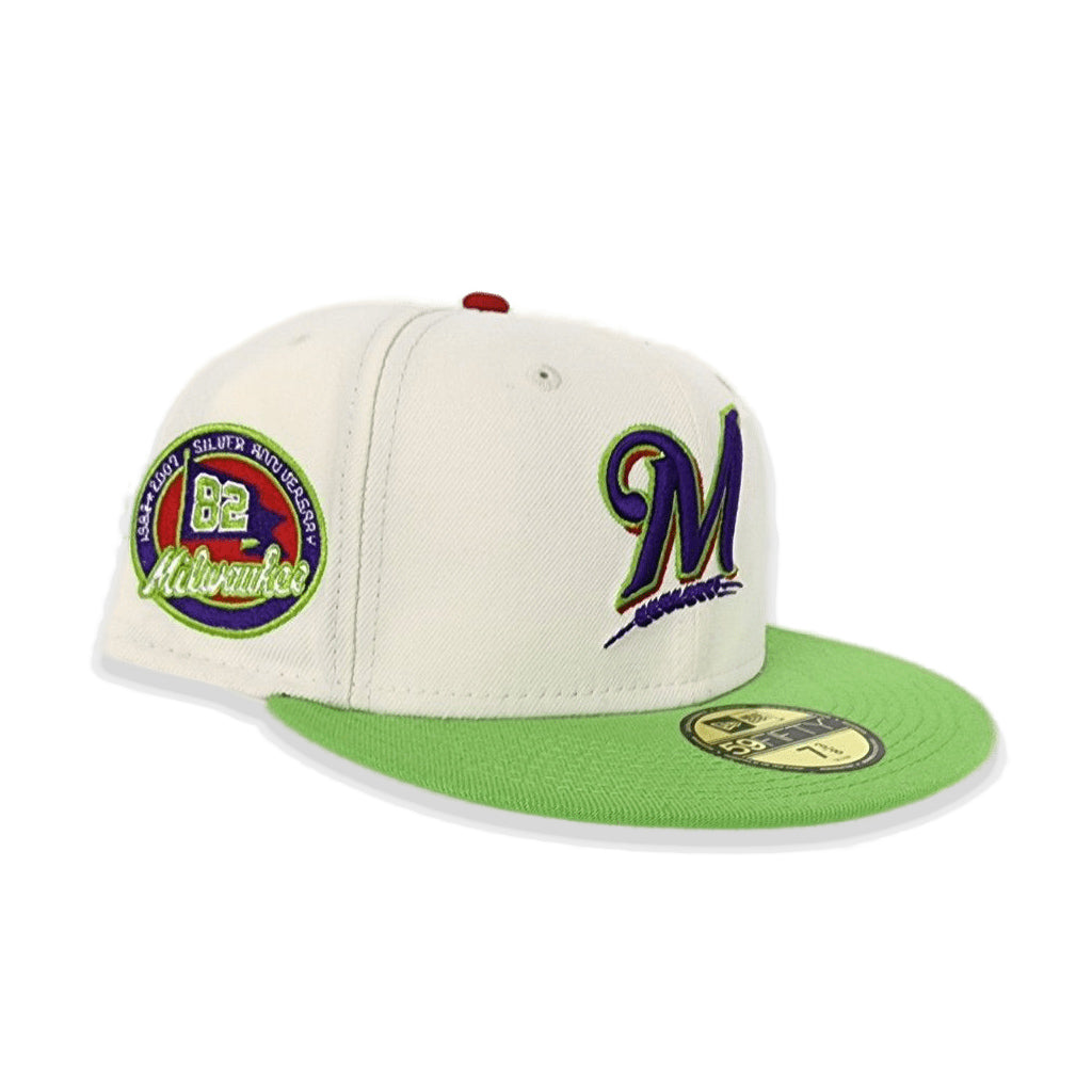 Off White Milwaukee Brewers Lime Green Visor Purple Bottom 82nd Anniversary Side Patch New Era 59FIFTY Fitted 75/8