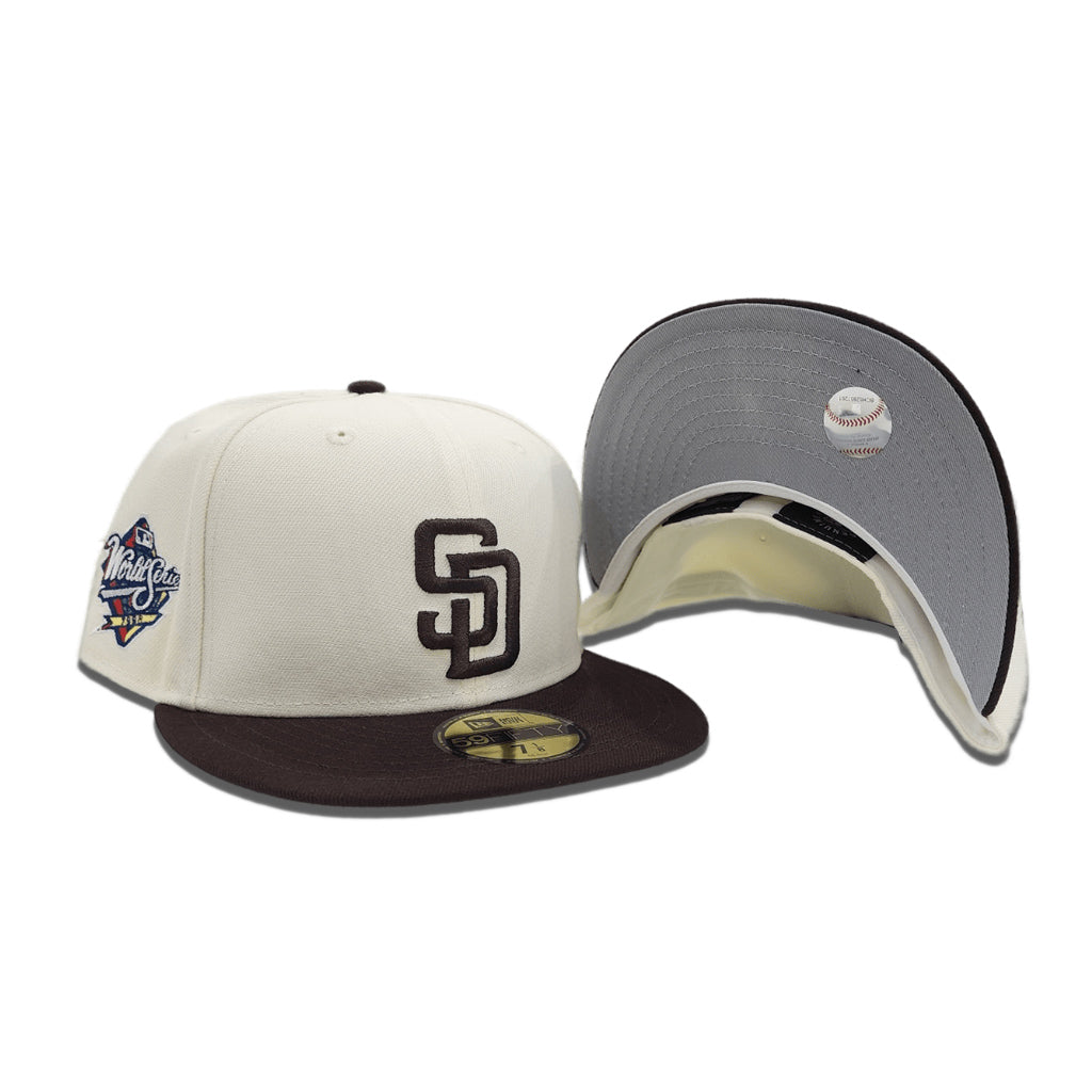 San Diego Padres New Era MLB 59FIFTY 5950 Fitted Cap Hat Khaki Crown/Visor  White/Pink Logo 1998 World Series Side Patch Pink UV